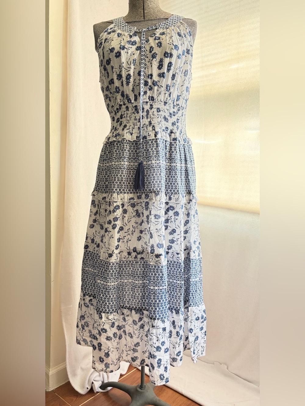 Keren Hart cotton tiered blue and white boho maxi dress